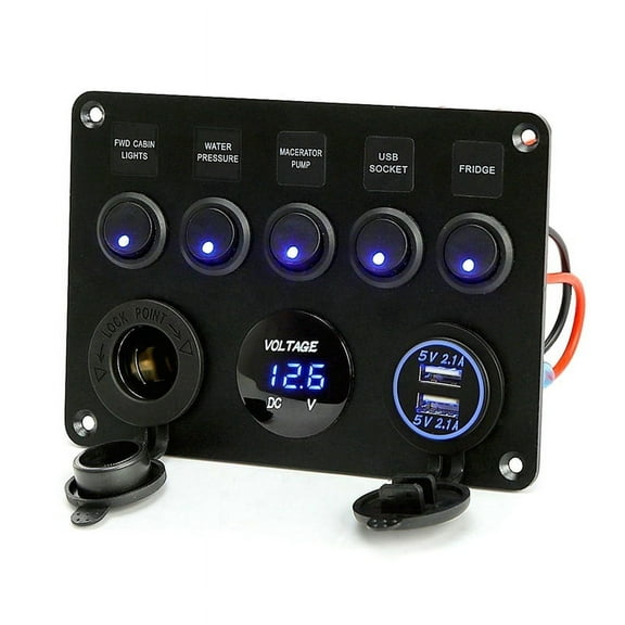Boat Switch Panel Car Switch Panel Waterproof Digital Voltmeter Dual USB Port Outlet Combination Marine LED Rocker Blue