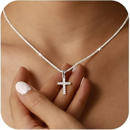 925 Sterling Silver Sparkly Cross Necklace for Women Dainty Twisted Rope Cross Charm Necklace Adjustable Glitter Bling Chain Necklace Jewelry Birthday Christmas Gifts for Mom