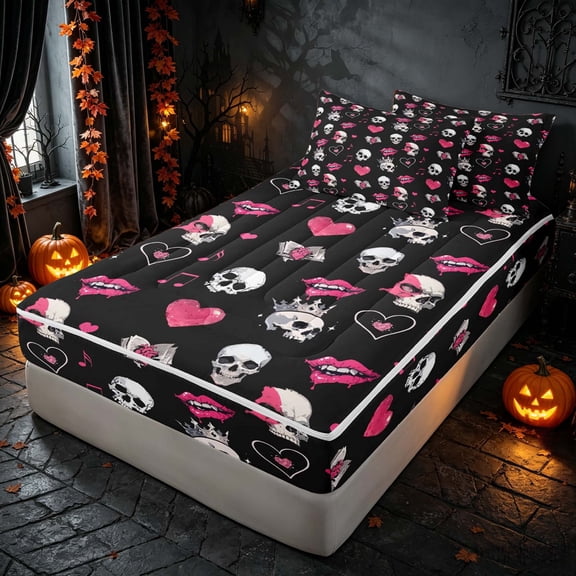 Homewish Halloween Skull Skeleton Zipper Twin Comforter Sets with Fitted Sheet and 2 Pillowcases for Girls, Love Heart Lips Zipper Bedding Set, Black Hot Pink White, Pink Reversible