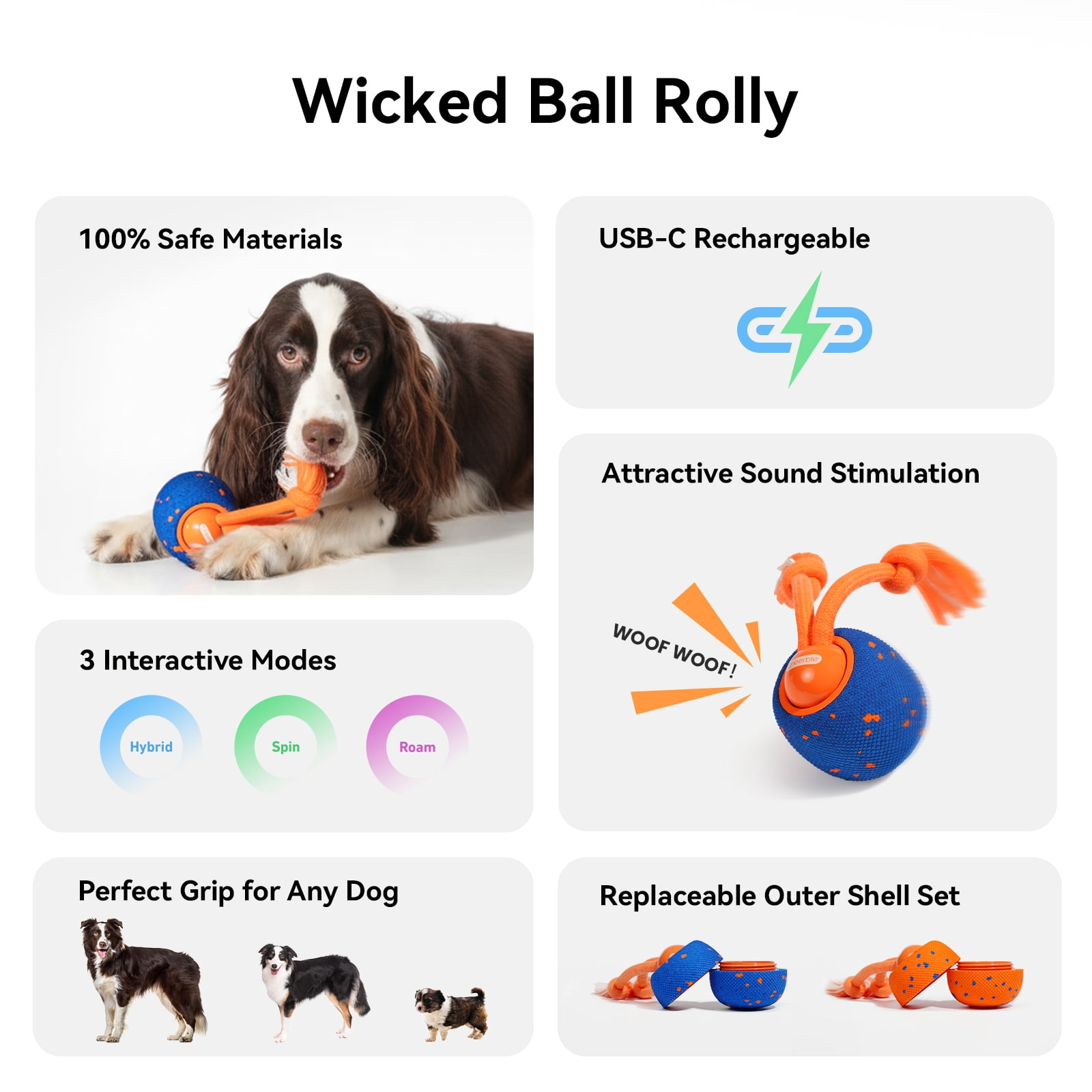 Cheerble Wicked Ball Rolly Interactive Dog Toy with Automatic Move, E-TPU Material, Rope and Barking Sounds, for Medium to Large Dogs (Royal Blue)