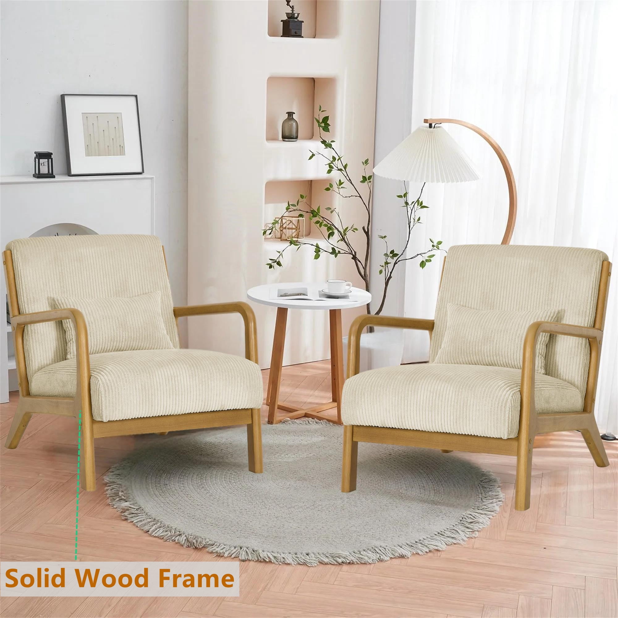 Aukfa Corduroy Mid Century Modern Accent Chair w/ Wood Frame&Pillow for Living Room, Khaki