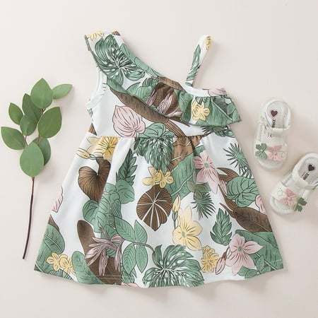 

kpoplk Dresses For Girls Toddler Kids Girls Summer Ruffles Strap Patchwork Floral Print Princess Dress Dresses For Baby Girls(Green)