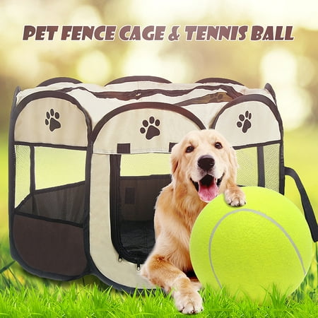 Pet Fence Dog Kennel Play Pen Puppy Soft Playpen Exercise Run Cage Folding Crate + Pet Dog Tennis (Best Way To Keep Puppy Pen Clean)