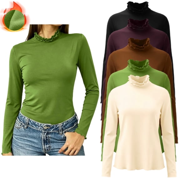 DOZINSIX 5 Pack Womens Long Sleeve T-Shirts Lettuce Trim Mock Neck Soft Stretch Thermal Layering Basic Tops