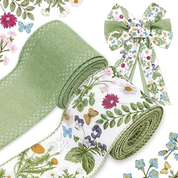 Wired Ribbon 2 Rolls Flower Butterfly Gift Wrapping Ribbon for Farmhouse Party DIY Craft Spring Wreaths Bow Decoration(each Roll 2.48in×5yd )