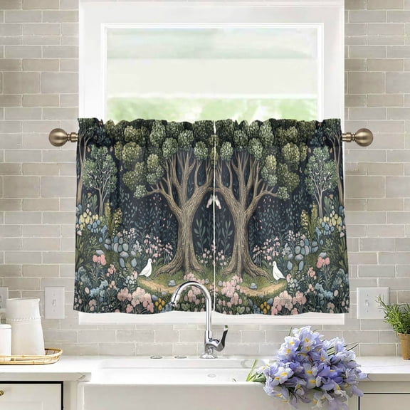 Yayeee Kitchen Curtains Light Filtering 27"x36" Rod Pocket Short Cafe Window Panel, Green Forest Scene