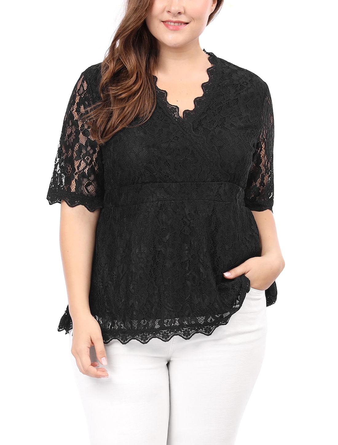 women's plus size black lace tops