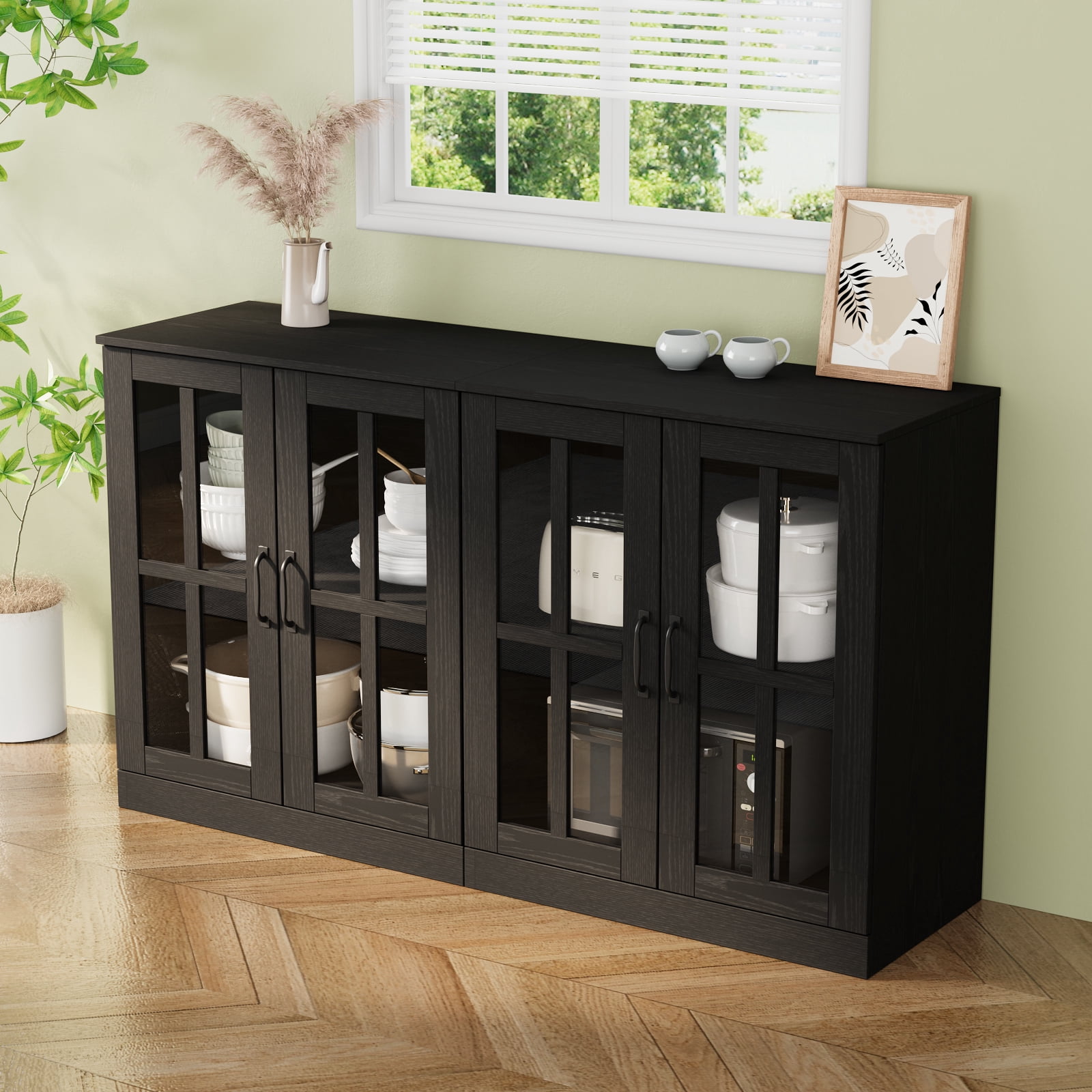 RichYa Kitchen Pantry Cabinet Set of 4,111" W Buffet Sideboard Coffee Bar with Glass Door Hutch,Modular Storage Cabinets with Shelves & Drawers for Dining Room,Black(CGGC)