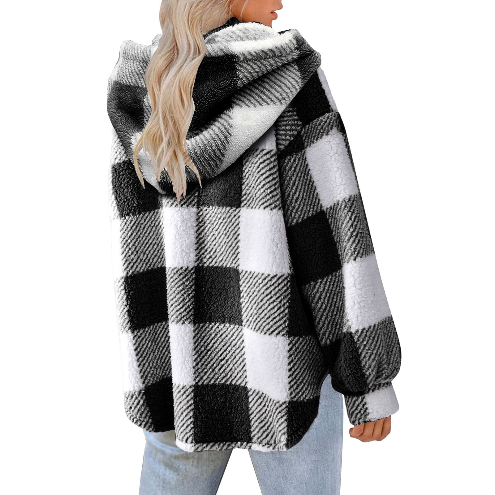 Brnmxoke Womens Plus Size Fuzzy Fleece Jacket Long Sleeve Button Down Plaid Hooded Sherpa Fleece Jackets Outerwear Warm Coats