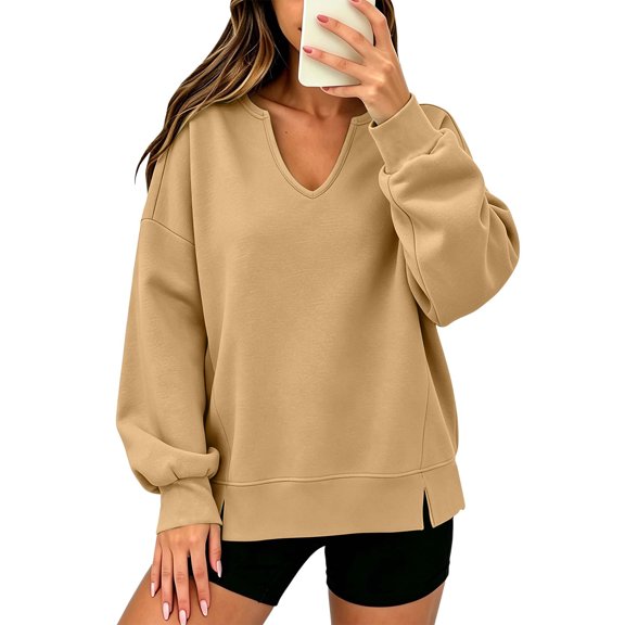 Oversized Solid Pullover Sweatshirt for WomenDrop Shoulder Puff Long Sleeve Rib Cuff Side Slit Hem V Neck Spring Fall Winter Casual Sport Tops