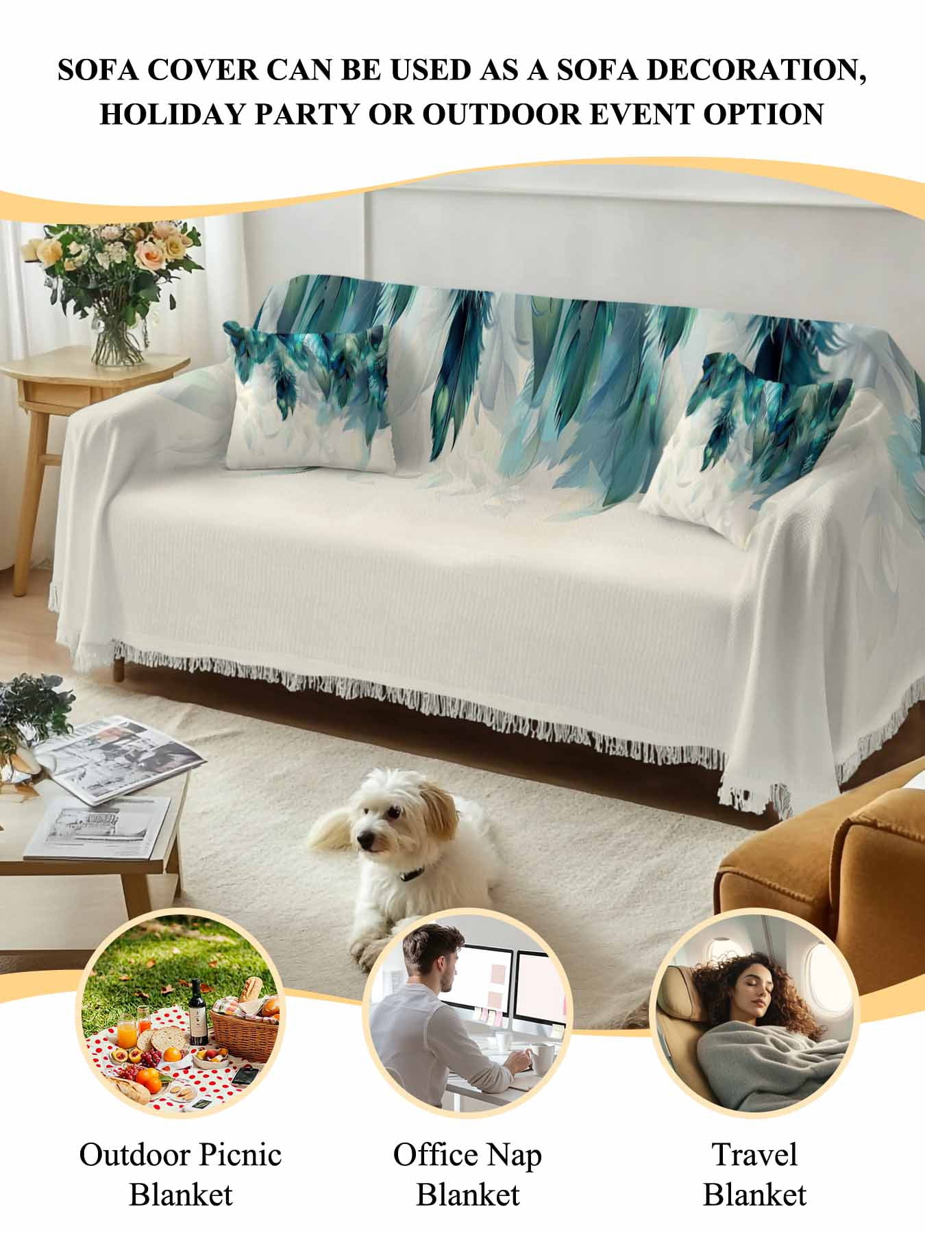 Teal Feather Couch Cover, Farmhouse Feather Art Teal Ombre Sofa Cover Blanket for Loveseat Couches, Sectional Sofa Slipcover Furniture Protector for Living Room Bedroom 71''x118''