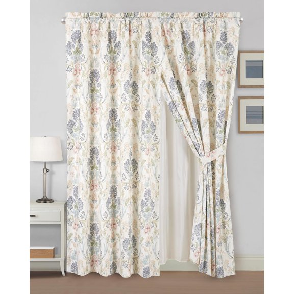 Chezmoi Collection 4-Piece Floral Medallion Garden Window Curtain Set with Sheer Backing, Multicolor Blue Green Red Yellow White Printed Microfiber, 120 inch x 84 inch