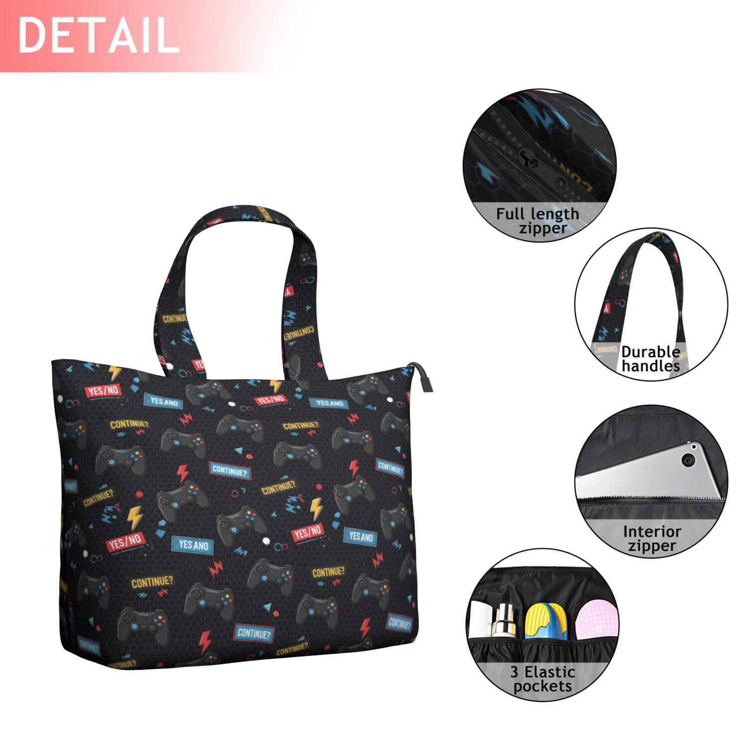 Black Controllers Games Labels Black Pattern Travel Tote Bags for Women Carry On,Large Weekender Bags for Women Travel,Multi Functional Duffle Bag for Work,Shopping,Sports
