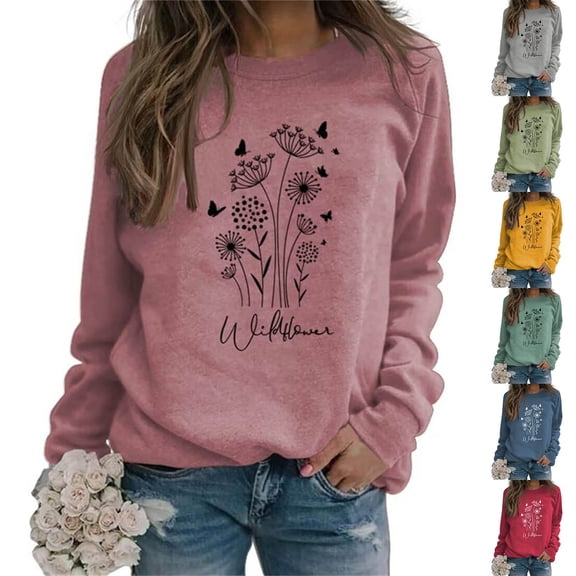 CAIXIA Sweatshirt for Women 2026 Oversized Crew Neck Long Sleeve Top Pullover Drop Shoulder Printed Oversized Sweater Women Loose Casual Fall Winter 2026