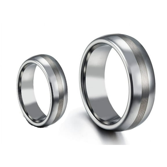 His & Her's 8MM/6MM Polished Shiny Domed With Brush Center Tungsten Carbide Wedding Band Ring Set