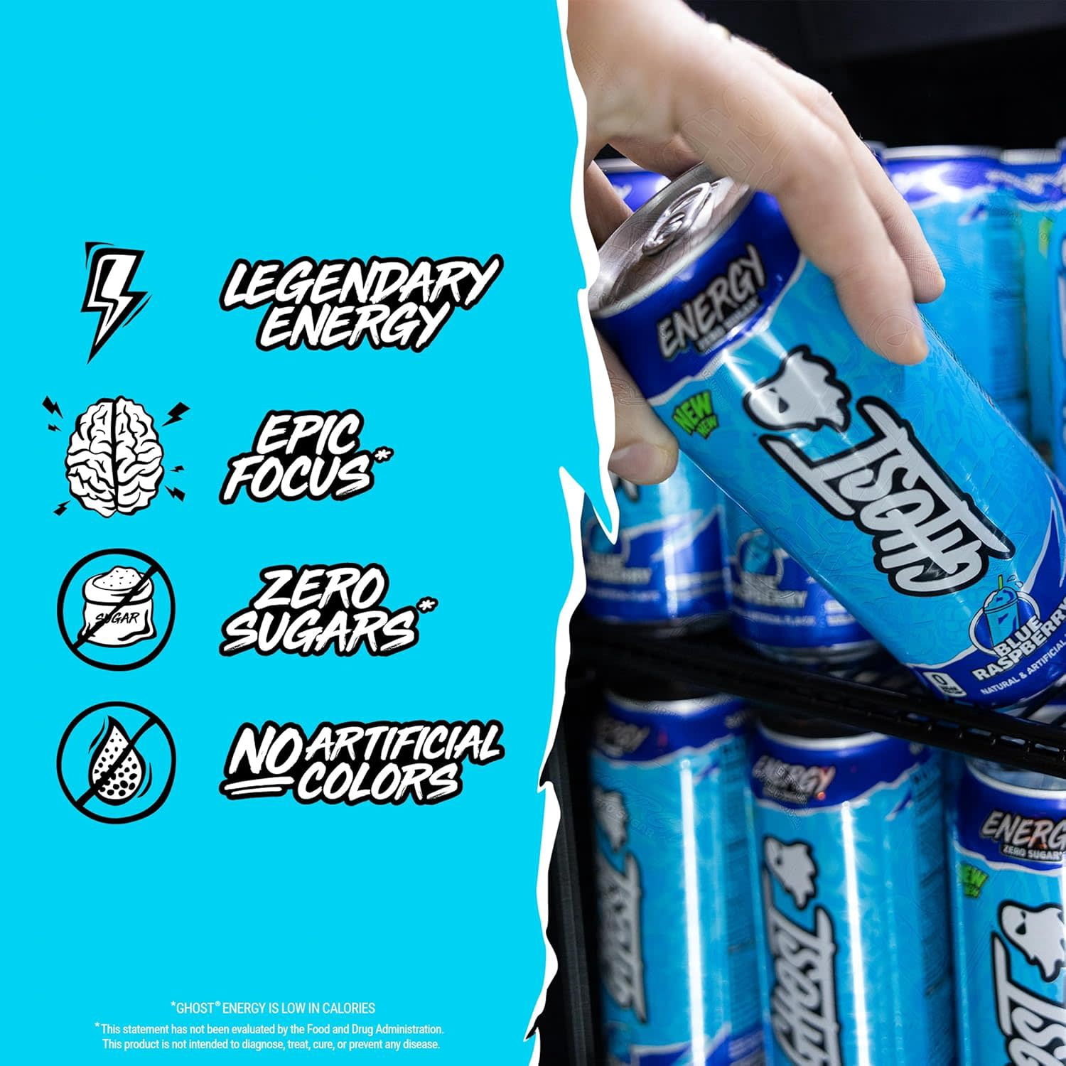 GHOST® ENERGY Zero Sugars Energy Drink, Blue Raspberry, 200mg Natural Caffeine, 16 fl oz Can