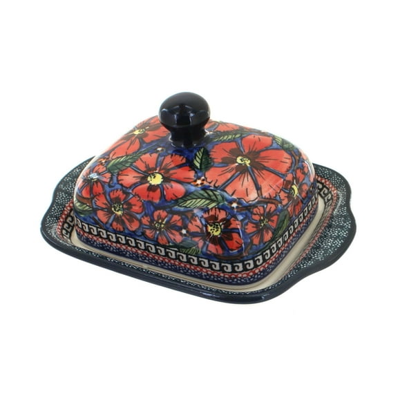Blue Rose Polish Pottery Jungle Flower Square Butter Dish