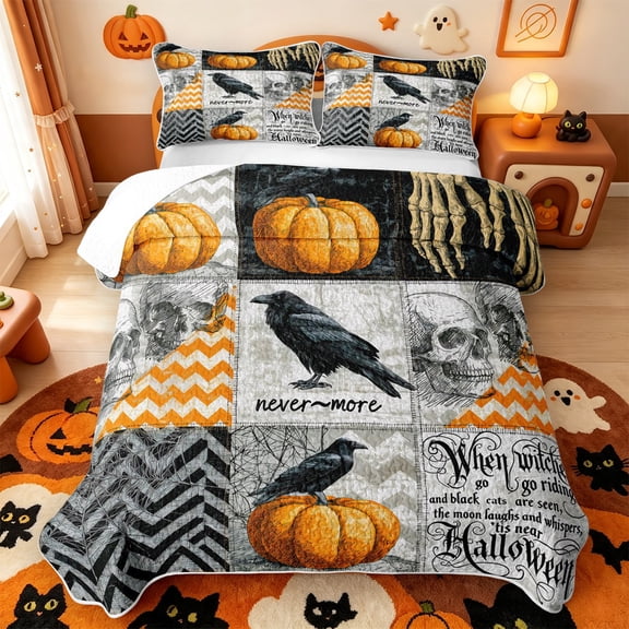 Manfei Cartoon Skull Halloween Quilt Full,Vintage Witch Print Full Bedspread Sets,3-Piece,1 Coverlet and 2 Pillowcases
