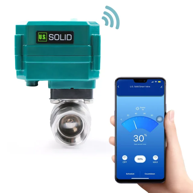 U.S Solid Válvula de Bola Motorizada Inteligente. IP65 de 1 Pulg. NPT, Puerto Completo, Acero Inoxidable, Conexión USB CC 5 V, Carcasa Verde Normalmente Cerrada.