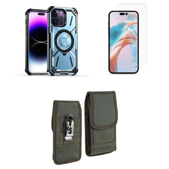 Bemz Rugged Case for iPhone 15 - Tough Magnetic Ring Stand Charger Cover with Glass Screen Protector and Vertical Rugged Nylon Belt Holster Pouch (Light Blue/Forest Green)