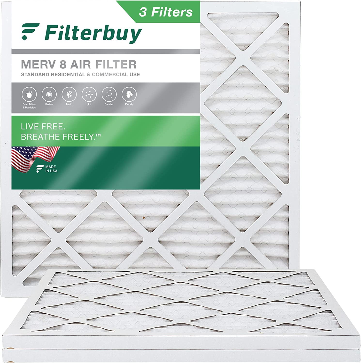 Filterbuy 12x12x1 MERV 8 Pleated HVAC AC Furnace Air Filters (3-Pack)