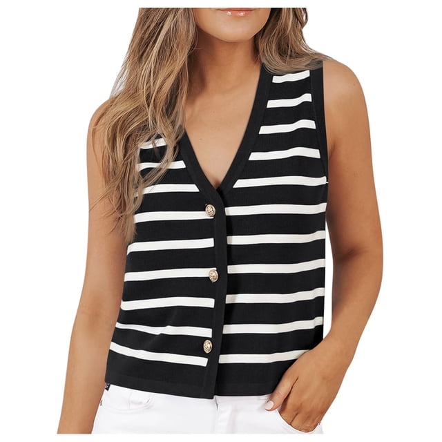 Women's Casual Jackets Striped Dressy Tops Cropped Tank Tops Button Up Cardigan Sweater Vests