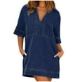 thumbnail image 2 of Aloohaidyvio 2024 Denim Dress for Women,Blue Denim Dress Summer Deep V Half Sleeve Casual Loose Collared Shift Mini Jean Dress with Pockets, 2 of 6