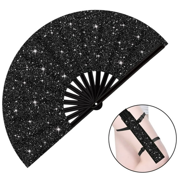 Black Glitter Large Folding Clack Hand Fan 13Inch with Holster - Festivals, Clubs, Parties, Cosplay, and Dance Events