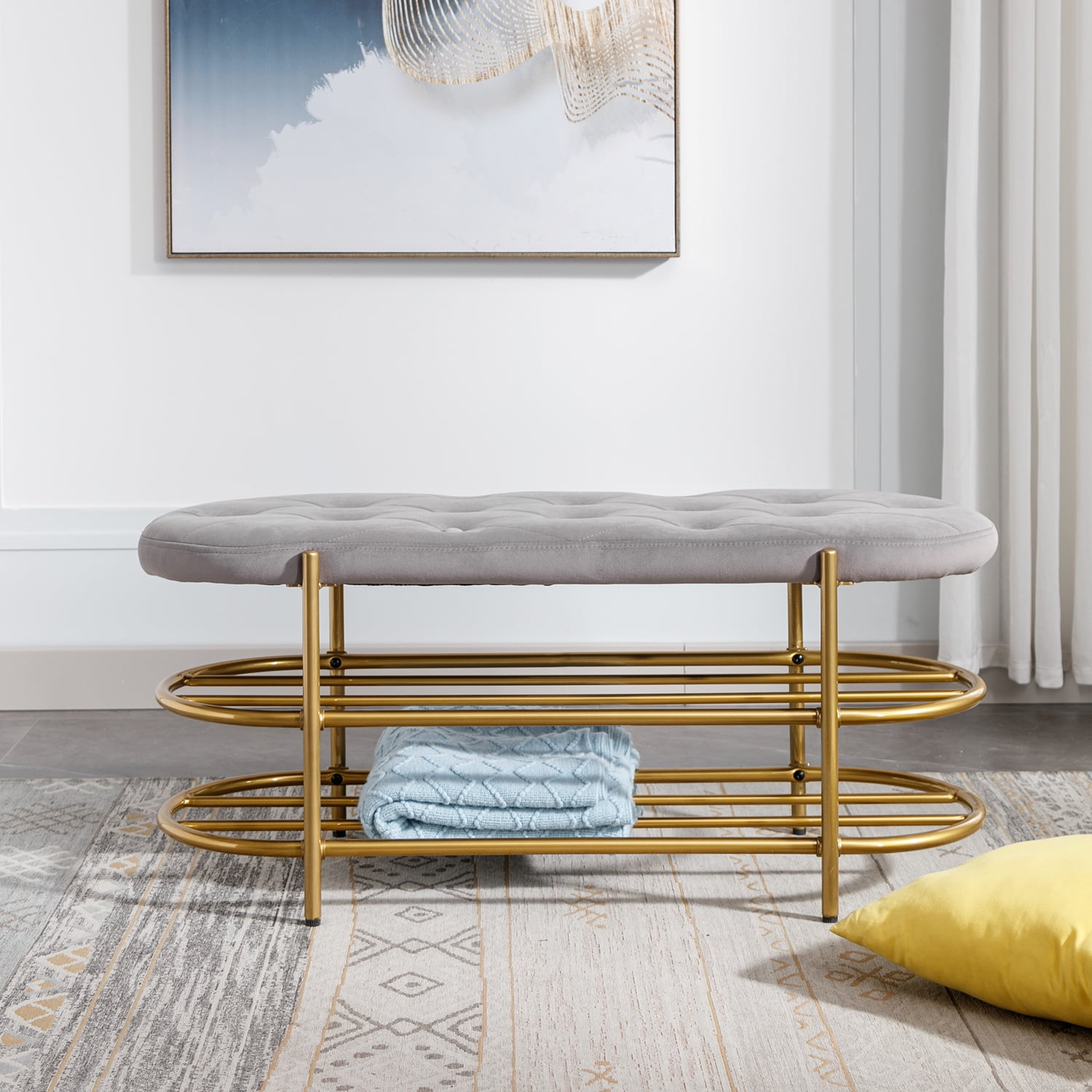 Kadyn Upholstered Velvet Beach, End of Bed Bench with 2 Shelf, Storage Beach for Living Room, Entrance, Grey