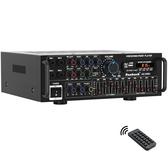 Bluetooth 5.0 Power Amplifier, 2000W Karaoke Mixer with 4 Mic Inputs, FM Radio, USB/SD/AUX, Remote Control for Home Theater & Party