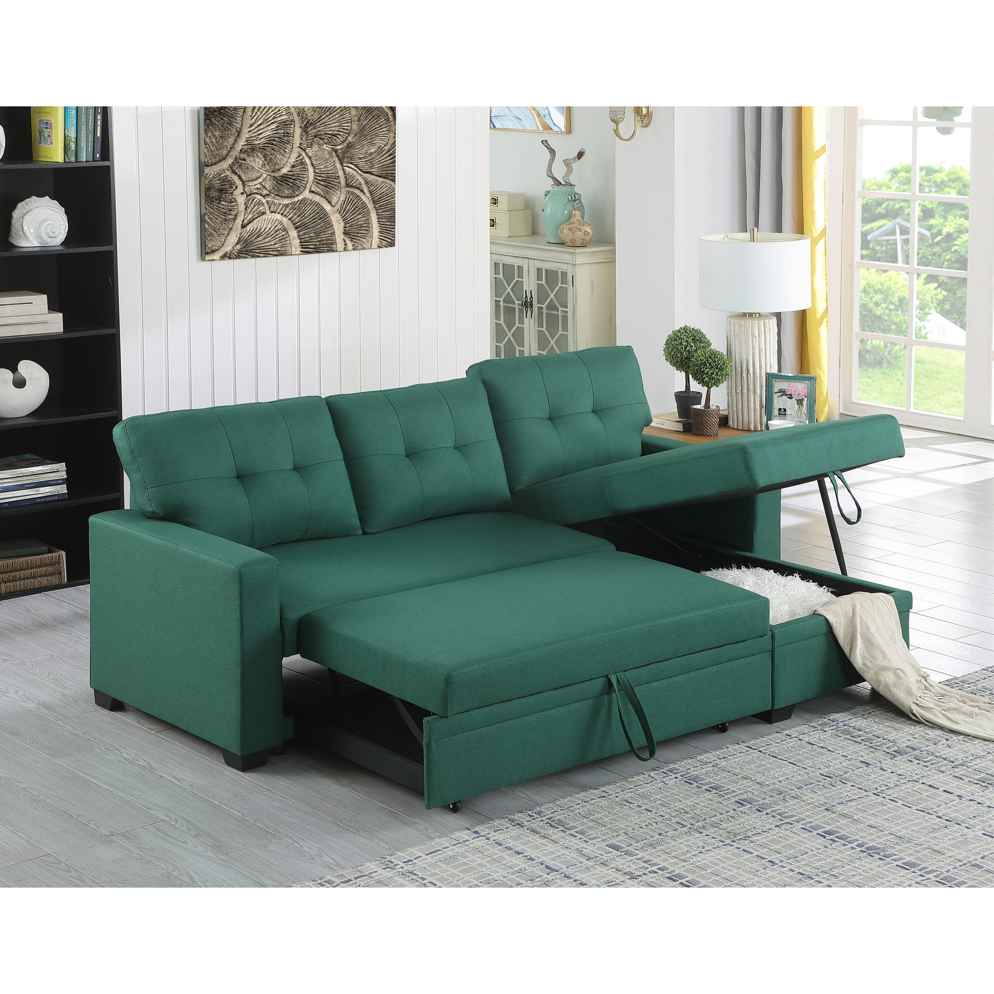 4-in-1 Convertible L Shaped Couch with Pull Out Bed and Storage,Sectional Sleeper Sofa with Reversible Chaise for Living Room, Apartment, Bedroom,Green