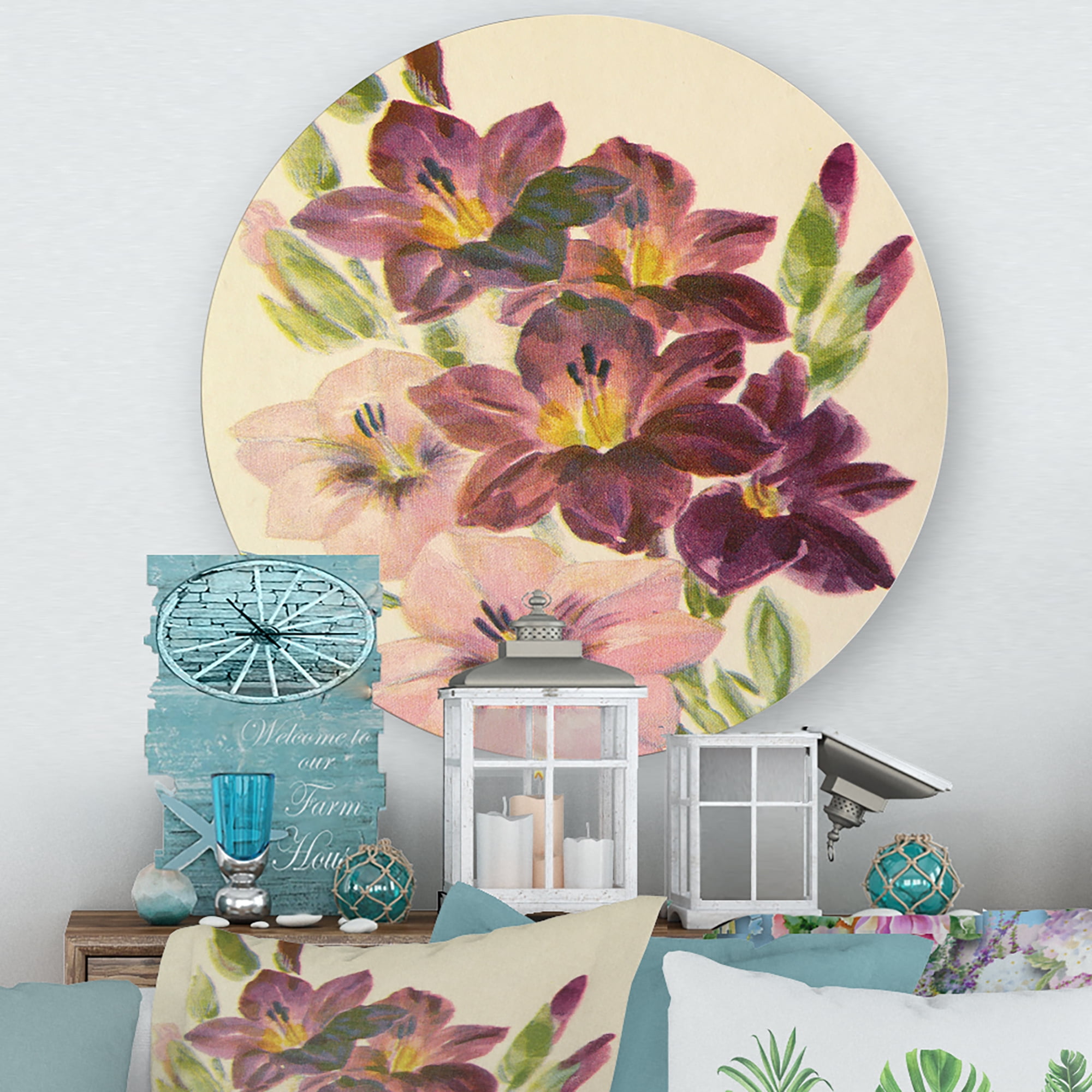 Designart 'Retro Dark and Light Pink Gladiolus' Traditional Circle Metal Wall Art 23x23 - Disc of 23