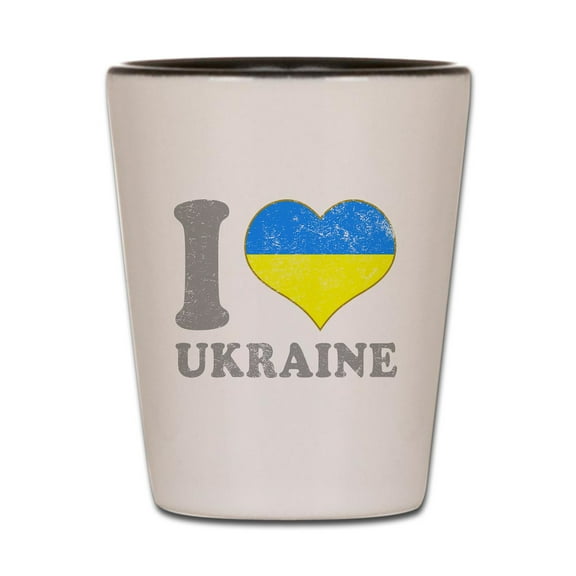 CafePress - I Love Ukraine Native Ukrainian Flag - White/Black Shot Glass, Unique and Funny Shot Glass