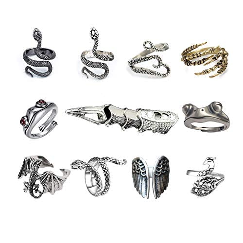 11 Pcs Vintage Frog Rings Mignon Animal Ouvert Anneau Rétro Serpent Anneaux Ensemble Plein Doigt Bague Déclaration Biker Punk Anneaux pour les Femmes Filles Hommes (11pcs)