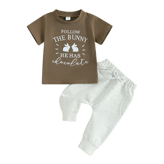 Baby Boy Easter Outfit, Short Sleeve Crew Neck Letters Rabbit Print T-shirt with Elastic Waist Sweatpants 2-piece Outfit