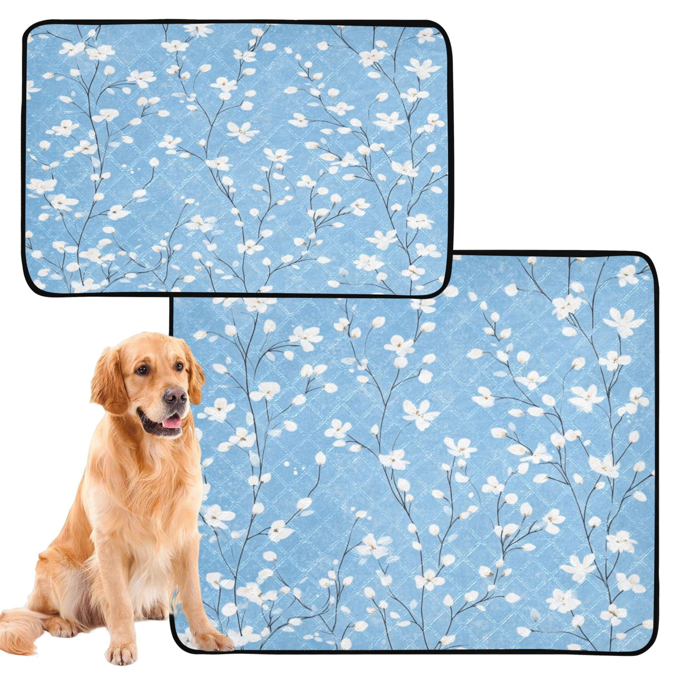 Qxltty Light Blue Background with White Floral Pattern Cat litter Pads Pet Set of 3 Diaper Mats Center Anti-leakage Layer Absorbent Soft and Comfortable