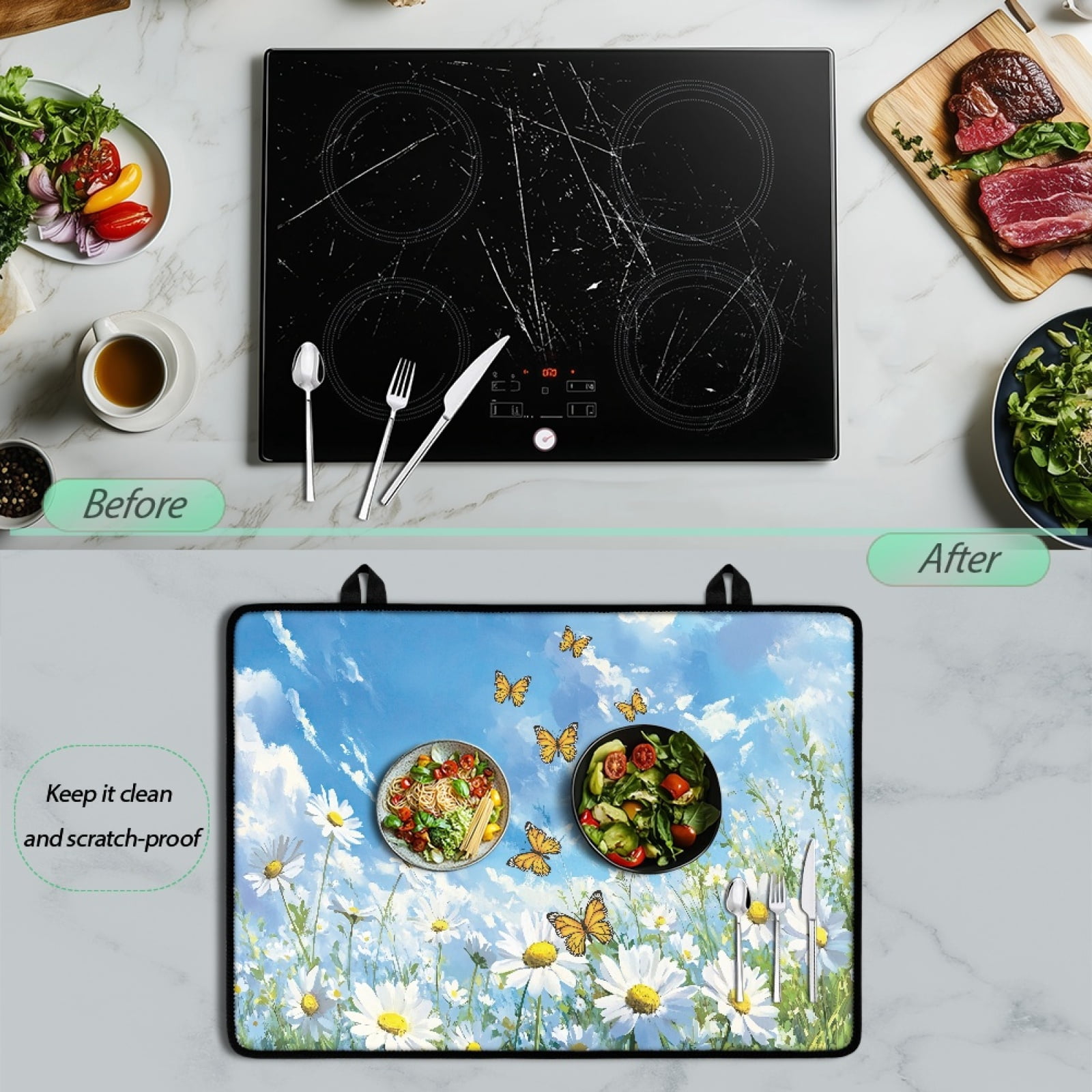 Renewold Stove Top Cover for Electric Stove, Non-skid Glass Electric Stove Top Mat, Induction Electric Stove Top Protector for Kitchen Counter Top, Butterfly Daisy Blue Sky