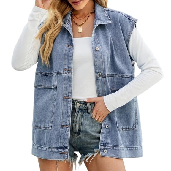 Wevis Women's Sleeveless Denim Vest Lapel Button Down Casual Waistcoat with Pockets - LIGHTBLUE_XS