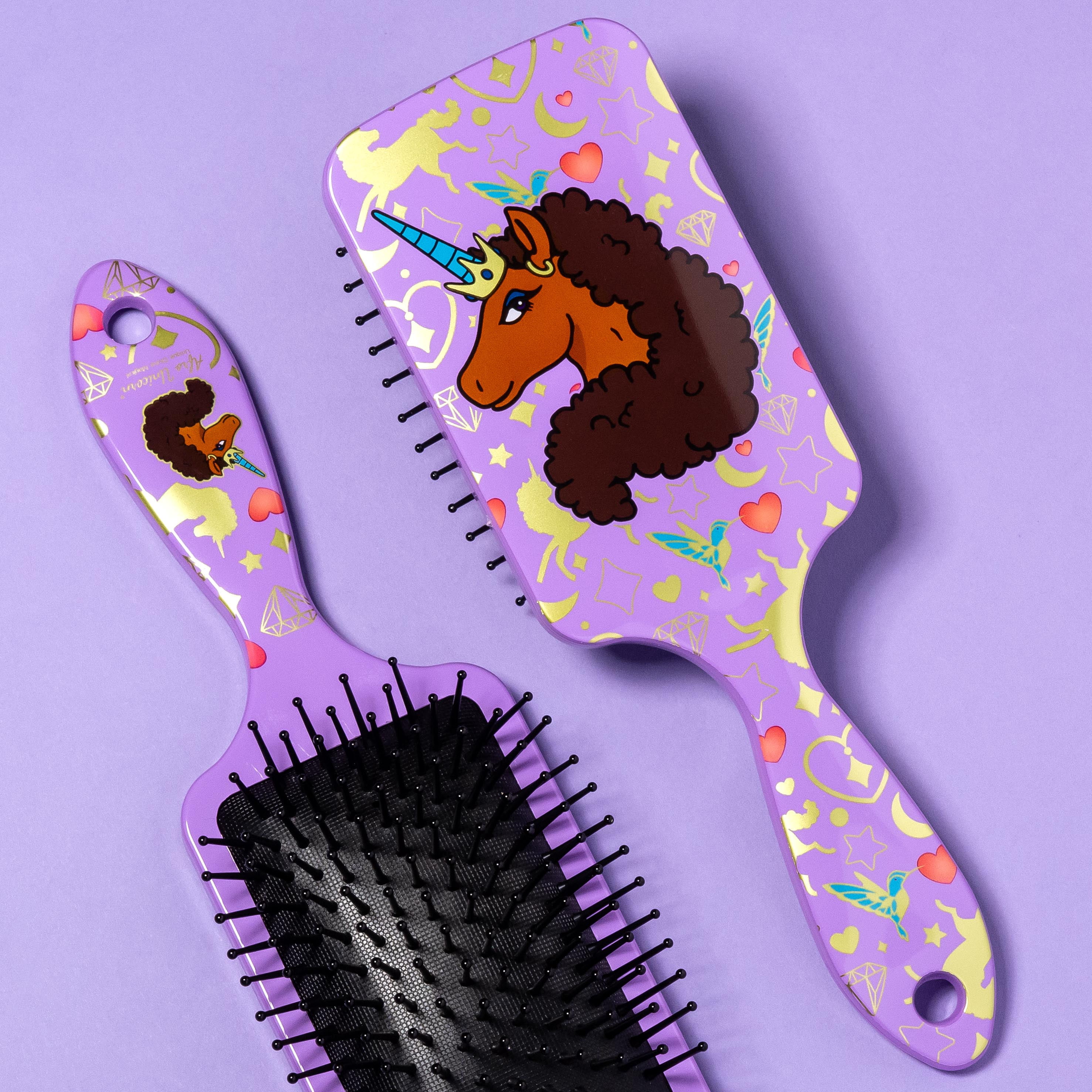 Afro Unicorn Printed Square Paddle Brush - 1 Large Paddle Hairbrush Purple, Nylon Detangling Bristle Brush