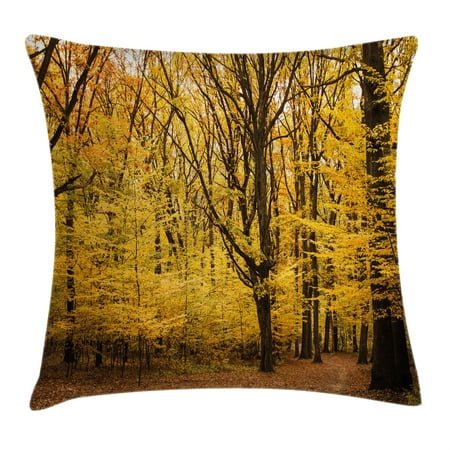 Fall Decorations Throw Pillow Cushion Cover, Epic View Deep Down in Forest with Shady Leaves Rural Habitat Scene, Decorative Square Accent Pillow Case, 16 X 16 Inches, Yellow Brown, by