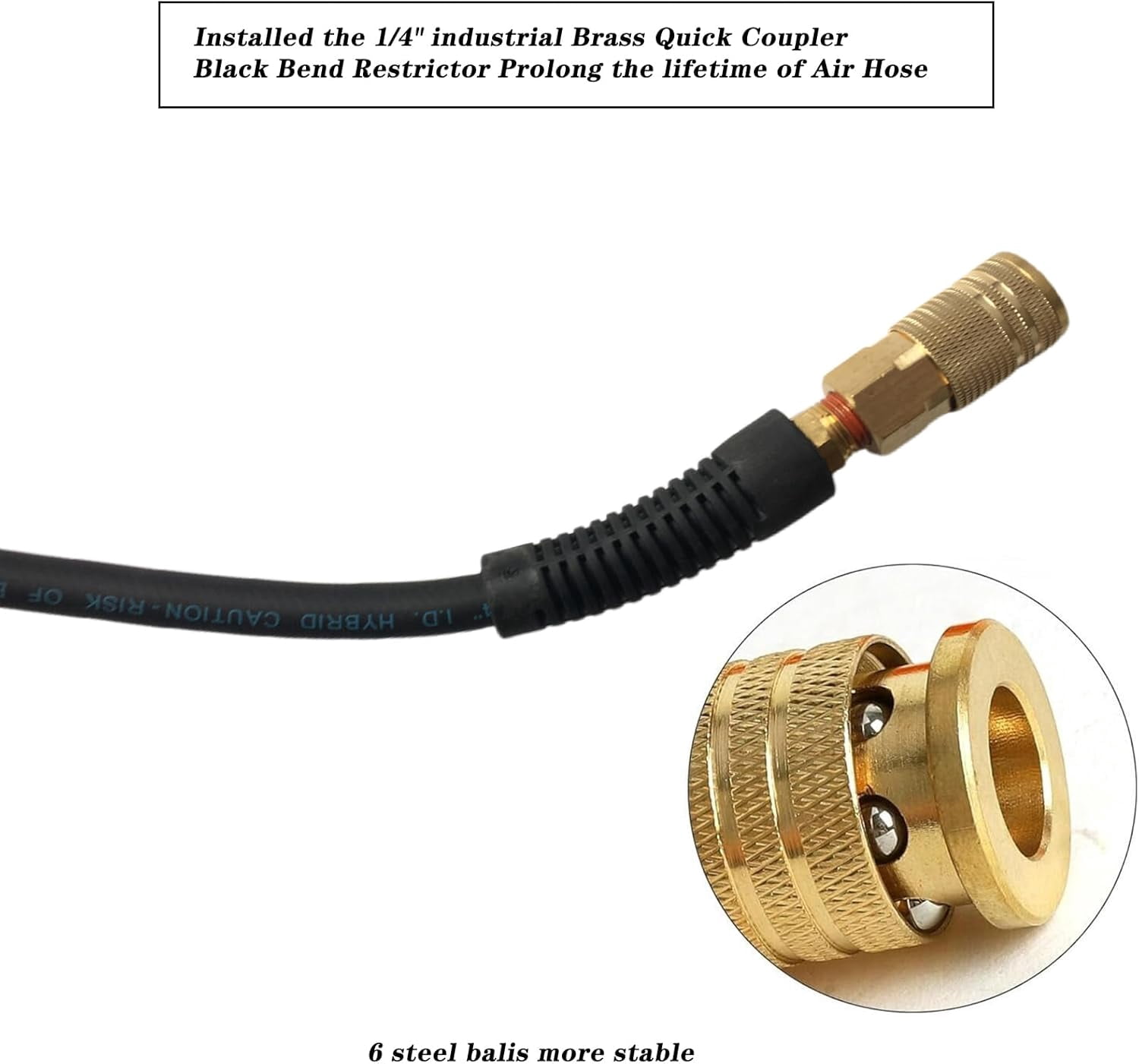 Air Hose 1/4 in x 10 ft, Heavy Duty, Lightweight, Kink Resistant, Hybrid Air Compressor Hose with 1/4 in Solid Brass Male Fittings, Bend Restrictors, 300 PSI (10FT, Black)