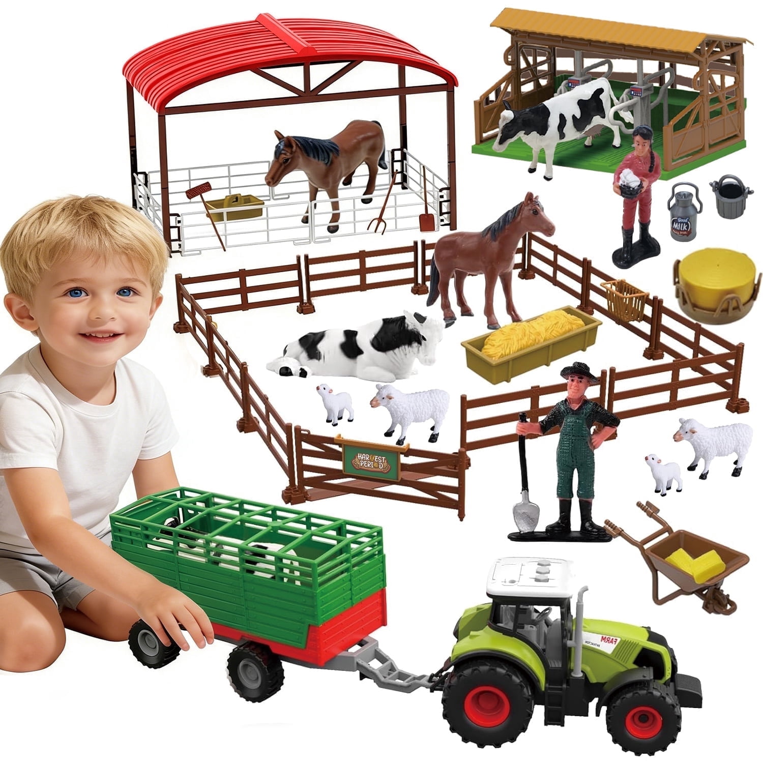 Aijohnny 69 Pcs Farm Animal Barn Set with Tractor, Trailer, Horse Stable, Grain Bins, Fence and Farmer Figures, Birthday Gifts for Kids 3-12 Year Old