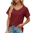 thumbnail image 3 of LOVZFMLL Women's Tops V Neck Eyelet T-Shirts Folded Short Sleeve Loose Fit Blouses Dressy Casual Summer Basic Shirts Wine XL, 3 of 4