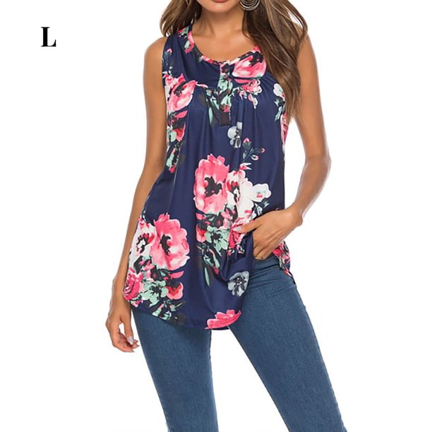 Camiseta de mujer Cuello redondo Blusa de manga corta Top con estampado informal, Rosa azul, L sidaley AP001800-12