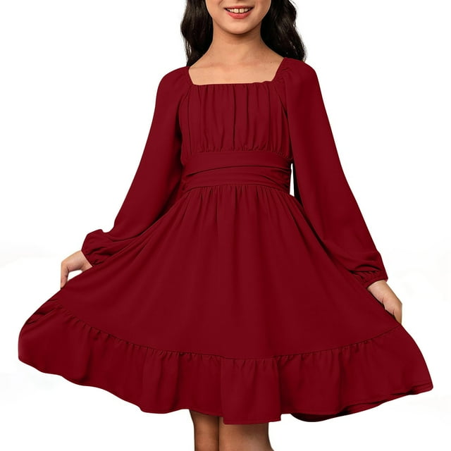 Robes pour Filles Décontractées à Manches Longues Robe Dos Nu avec Ceinture à la Taille pour Extérieur Été Printemps Automne Robes pour Filles Rouge 160/14 A-15 A