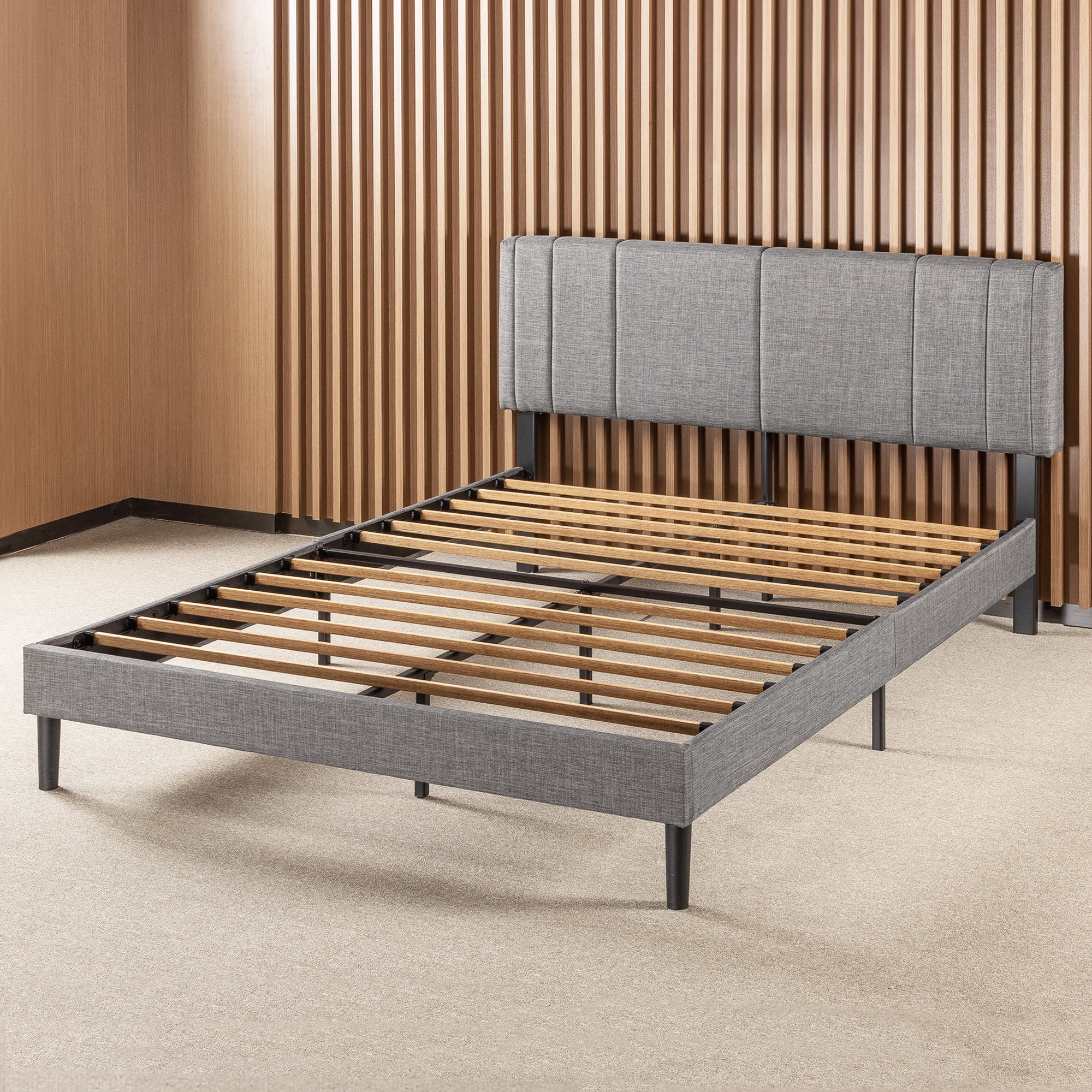 Mellow Soley Upholstered Platform Bed Frame with Headboard, Light Grey, Full