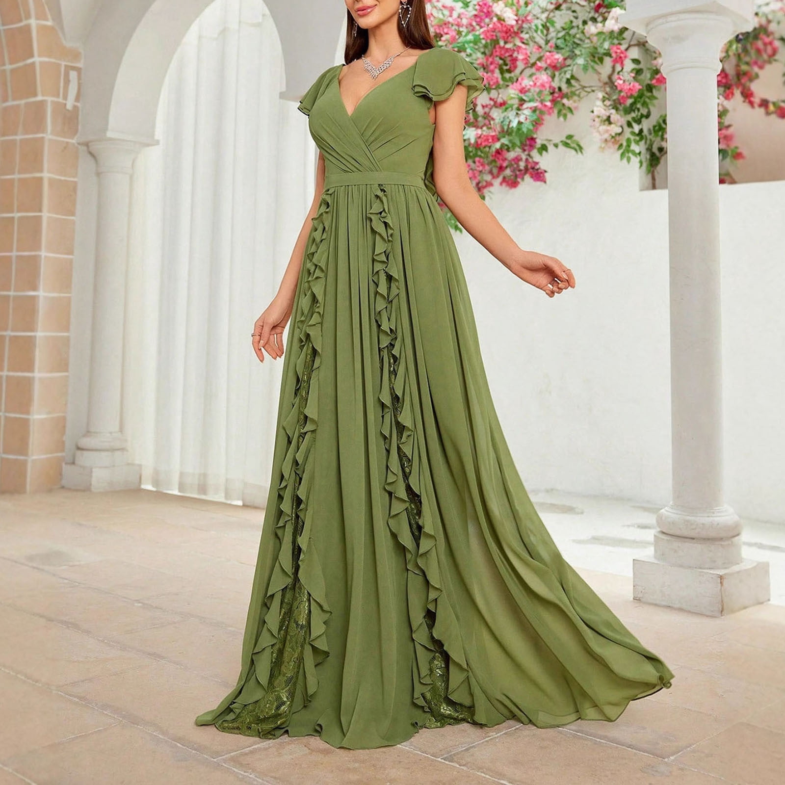 Sentmoon Plus Size Beach Dress Fashion Sleeveless V Neck Womens Sun Dress 2026 Summer Ruffle Regular Fit Casual Dresses for Women for Lounge and Relax Green S
