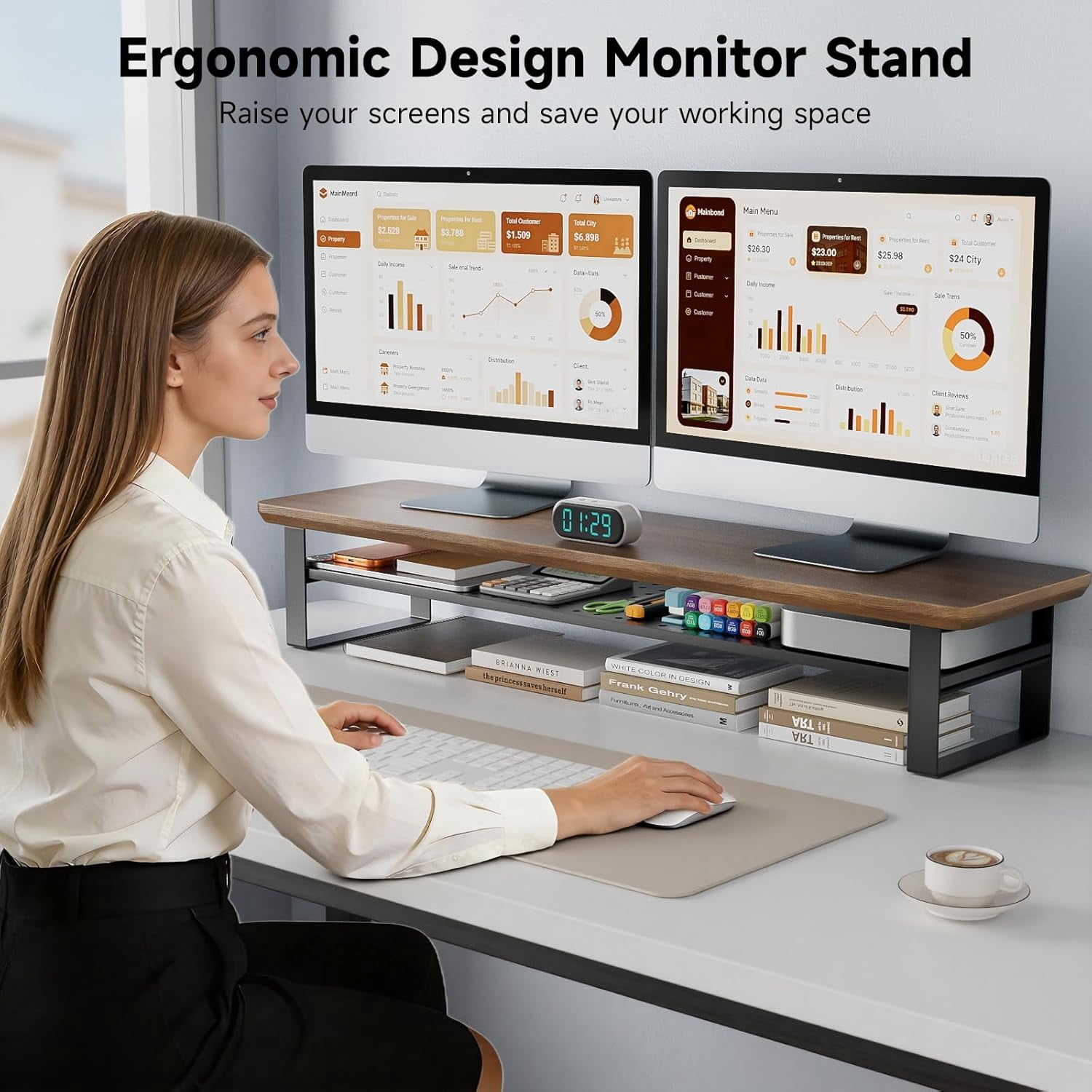 Dual Monitor Stand Riser with Storage, 35.4 Inch Wood Desk Shelf for 2 Monitors Laptop TV Organizer, Ergonomic Computer Stand Black Walnut
