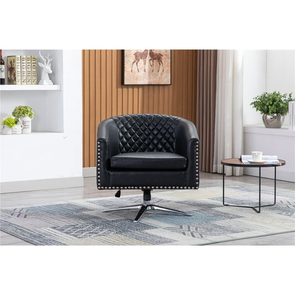 Swivel Accent Barrel Chair, Modern PU Leather Upholstered Armchair Club Chair with Nailheads and 360° Swivel Metal Base, Comfy Single Sofa Chair for Home Office, Living Room, Bedroom, Black