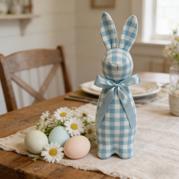 Flocked Bow Standing Bunny Figurine, Easter Tabletop Decor, Decorative Home Ornaments for Mantel or Shelf Display